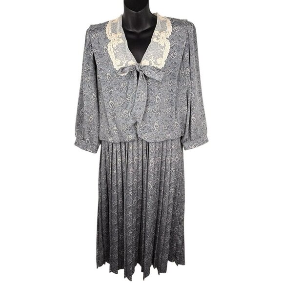VTG 80s Paisley Cottage Core Prairie Lace Neckline Midi Dress Pleated Women’s 10 - Picture 1 of 16